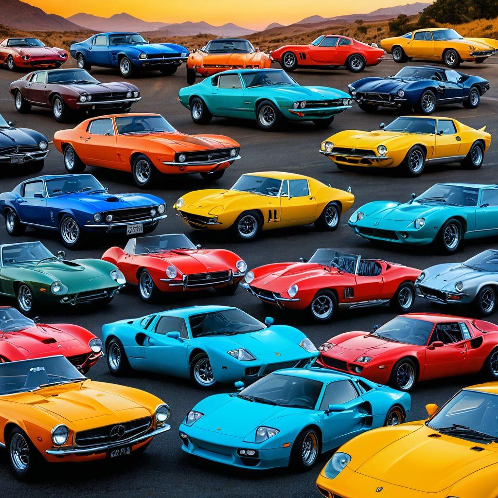 A stunning collage depicting the evolution of cars from vintage classics to modern supercars, featuring passionate automotive enthusiasts working on their vehicles and attending a car show, with an array of striking colors and dynamic composition. The background shows a winding road through picturesque landscapes, symbolizing the journey of automotive devotion. vibrant colors. super-realistic.