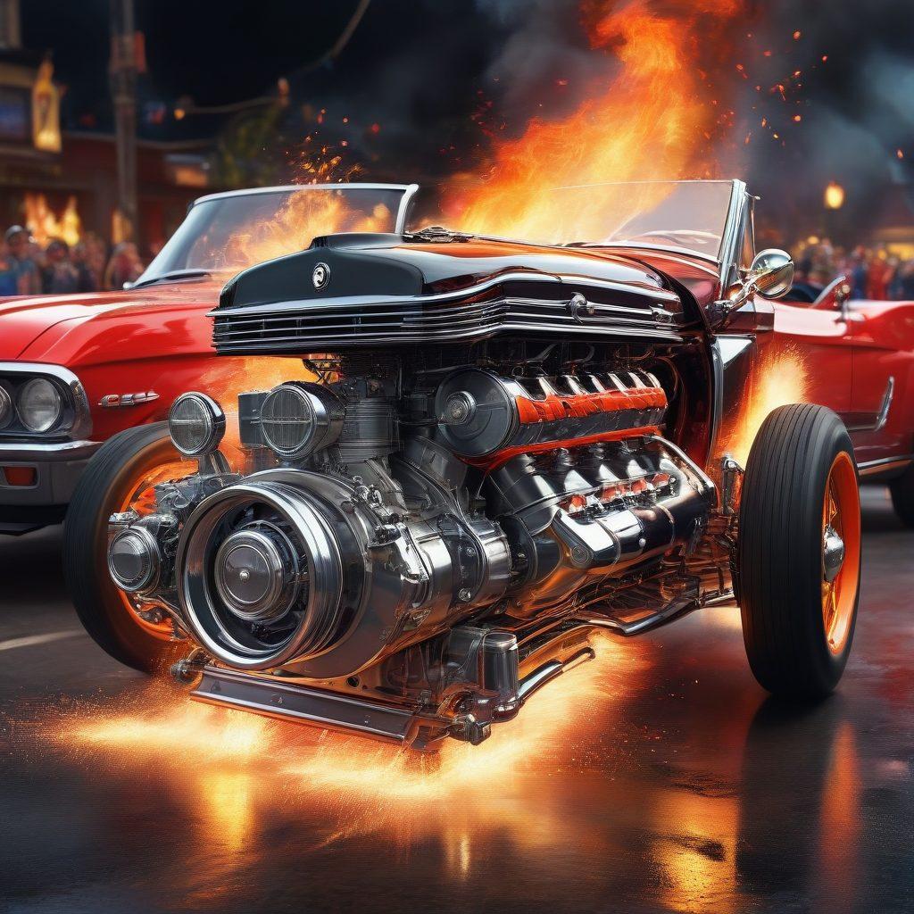 An artistically dynamic scene depicting a vintage car engine being revved up, with flames and sparks igniting around it, symbolizing passion and excitement. The background showcases a vibrant car show with various classic and modern cars on display, surrounded by enthusiastic fans. Bright colors and an energetic atmosphere to enhance the thrill of automotive culture. super-realistic. vibrant colors. 3D.