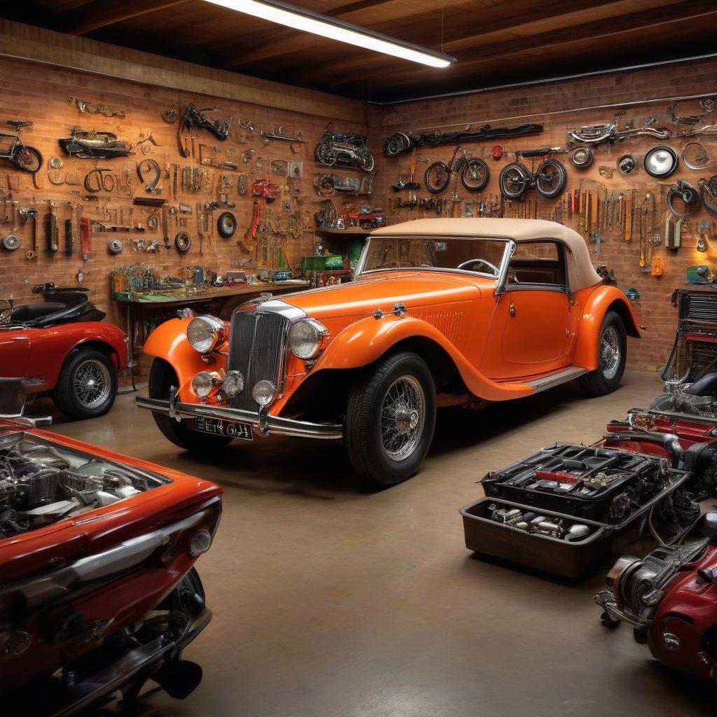 A vibrant garage filled with an array of vehicles, showcasing a mix of classic cars, motorcycles, and bicycles. Tools and parts scattered around, indicating an active workshop atmosphere. The passion and dedication of a mechanic, intently working on a vintage car, with a vision board of automotive dreams on the wall behind. Bright, inviting lighting enhances the rich colors of the vehicles. super-realistic. vibrant colors. 3D.